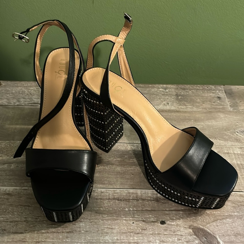 Black platform heel with stone accents